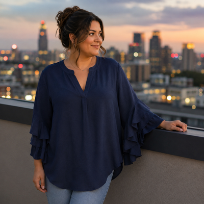Plus Size Women's Ruffled Sleeve V-Neck Shirt
