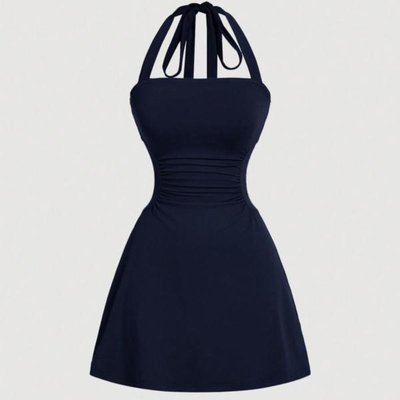 Women's Plain Ruched Tie Back Halter Dress