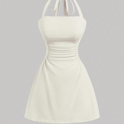 Women's Plain Ruched Tie Back Halter Dress