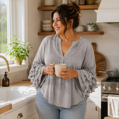 Plus Size Women's Ruffled Sleeve V-Neck Shirt