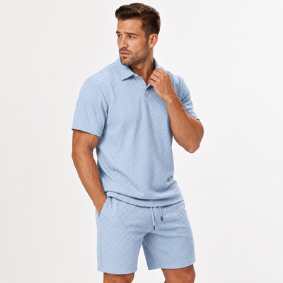 Men's Solid Polo Shirt & Drawstring Waist Shorts Set