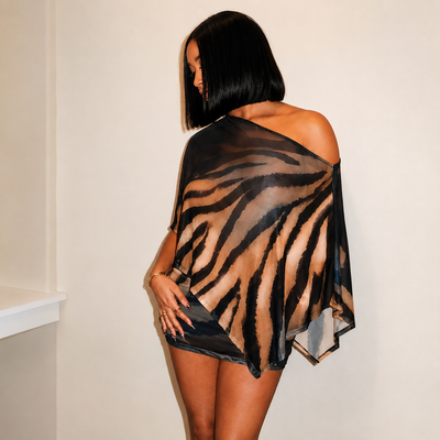 Women's One-Shoulder Animal Print Mesh Skirt Set
