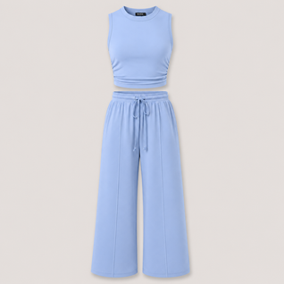 Ribbed Knit Crew Neck Sleeveless Cropped Top & Wide Leg Pants Lounge Set