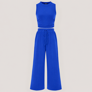 Ribbed Knit Crew Neck Sleeveless Cropped Top & Wide Leg Pants Lounge Set
