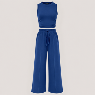 Ribbed Knit Crew Neck Sleeveless Cropped Top & Wide Leg Pants Lounge Set