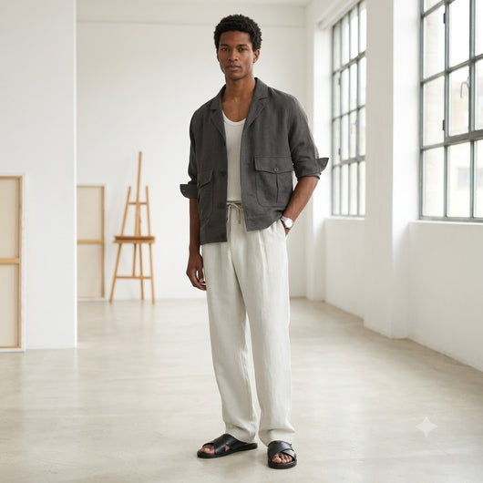 100% Linen Relaxed-Fit Drawstring Trousers