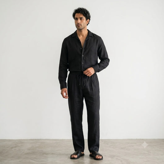 100% Linen Relaxed-Fit Drawstring Trousers