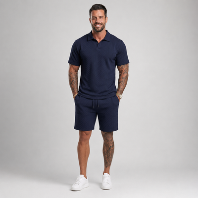 Men's Solid Polo Shirt & Drawstring Waist Shorts Set