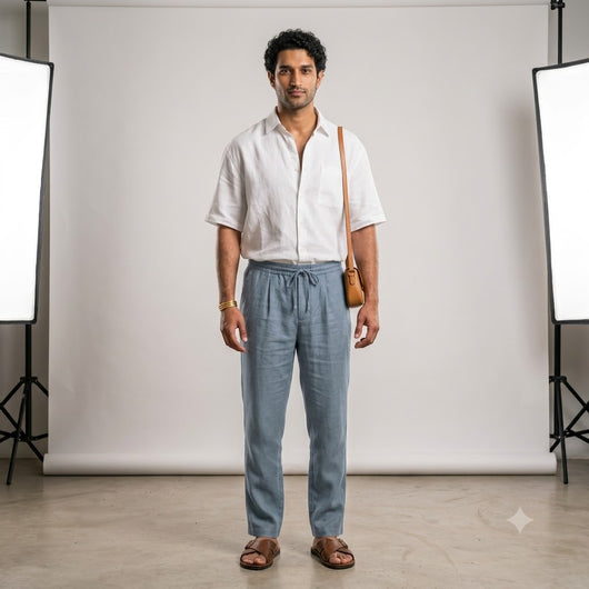 100% Linen Relaxed-Fit Drawstring Trousers