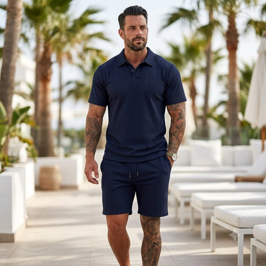 Men's Solid Polo Shirt & Drawstring Waist Shorts Set